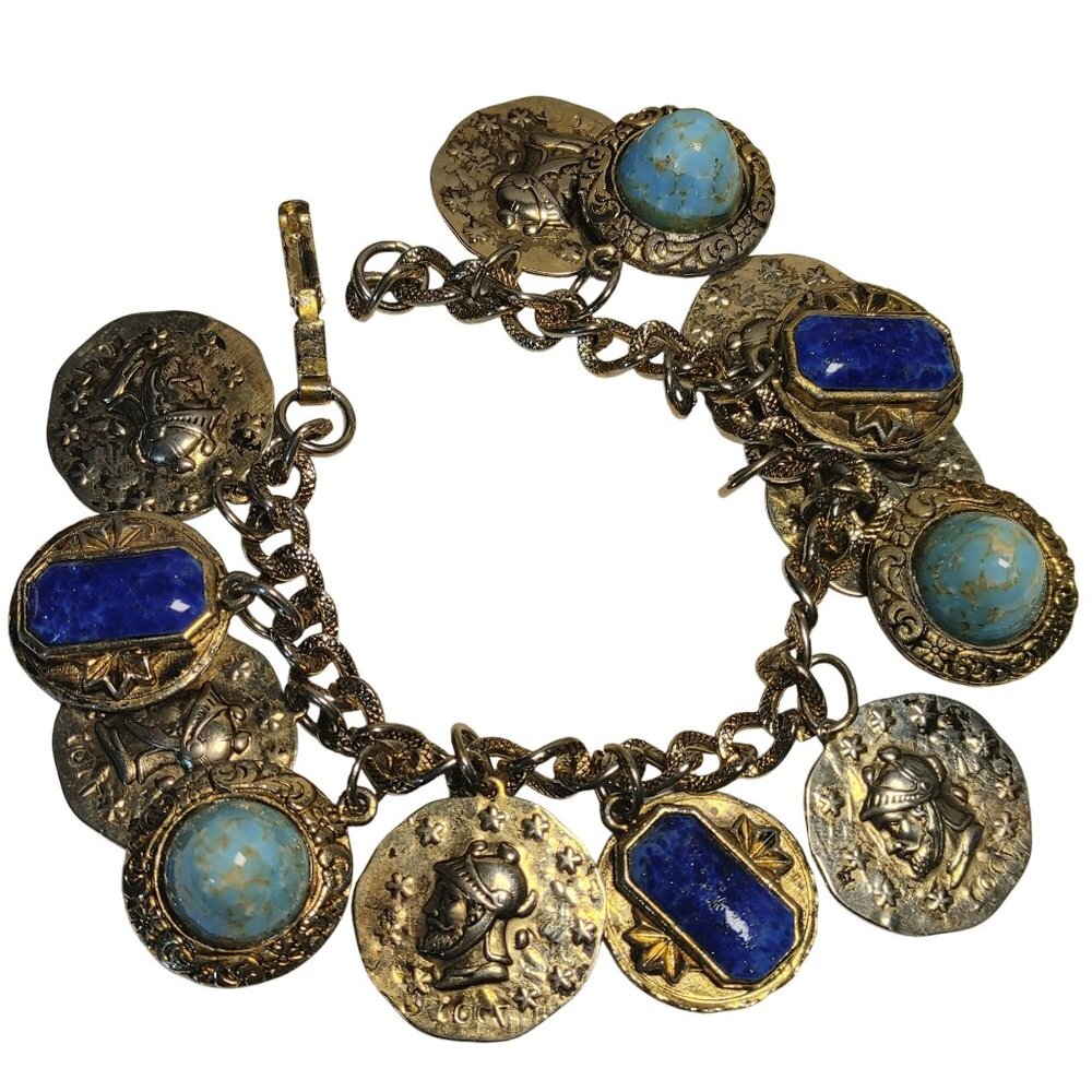 Coin Charm Bracelet Vintage Lapis Lazuli Turquoise Glass Stone Egyptian Etruscan - Picture 1 of 12